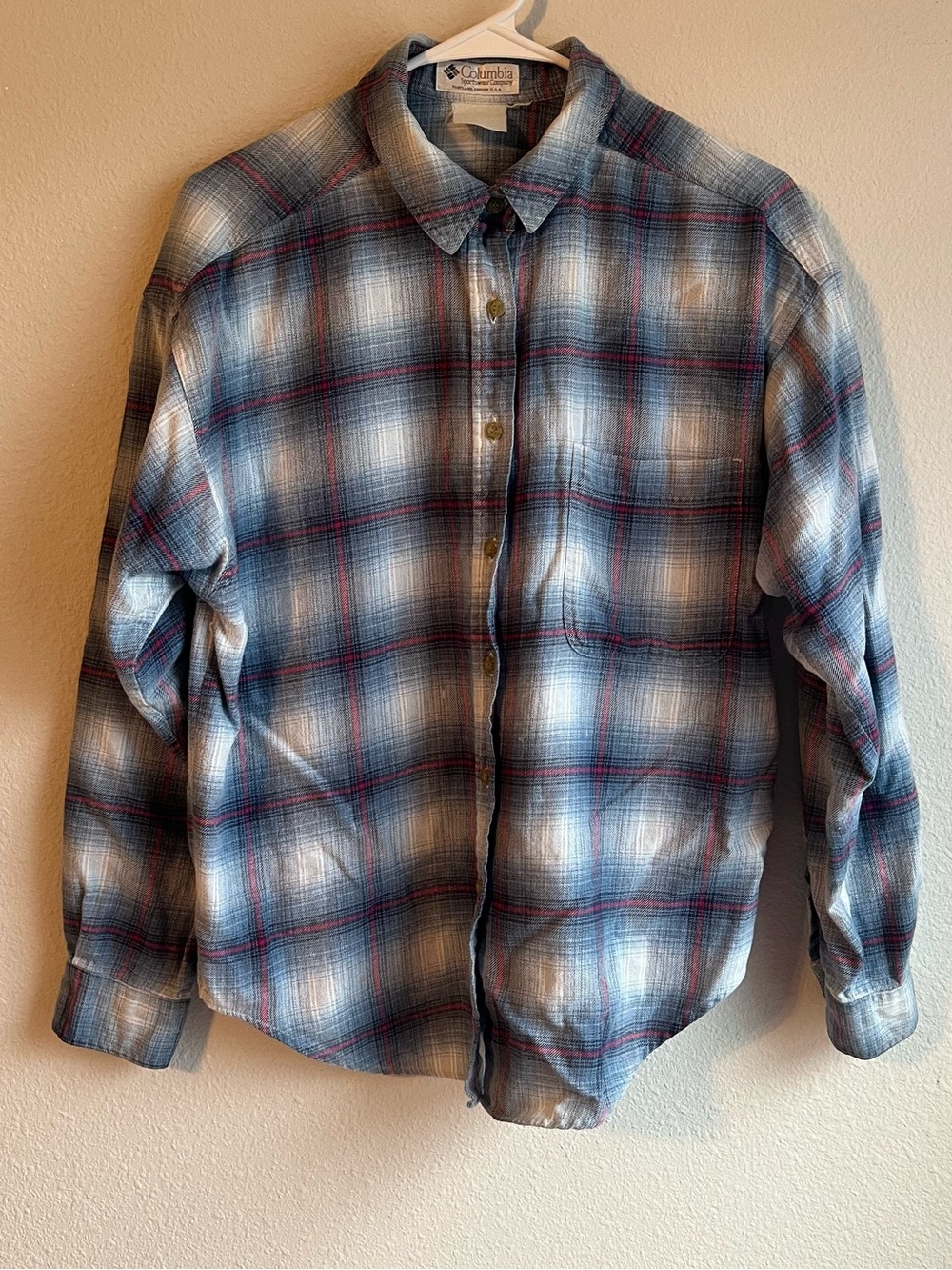 VINTAGE Columbia Men's Blue, Red & White Plaid Button-Down Flannel Shirt